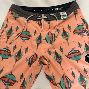 VISSLA Gray Waistband Swim Shorts with Tropical Accent